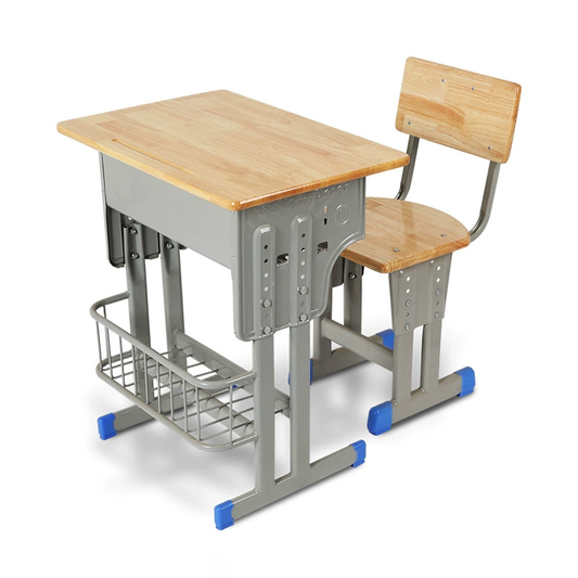 Solid wood desks and chairs can be raised and lowered