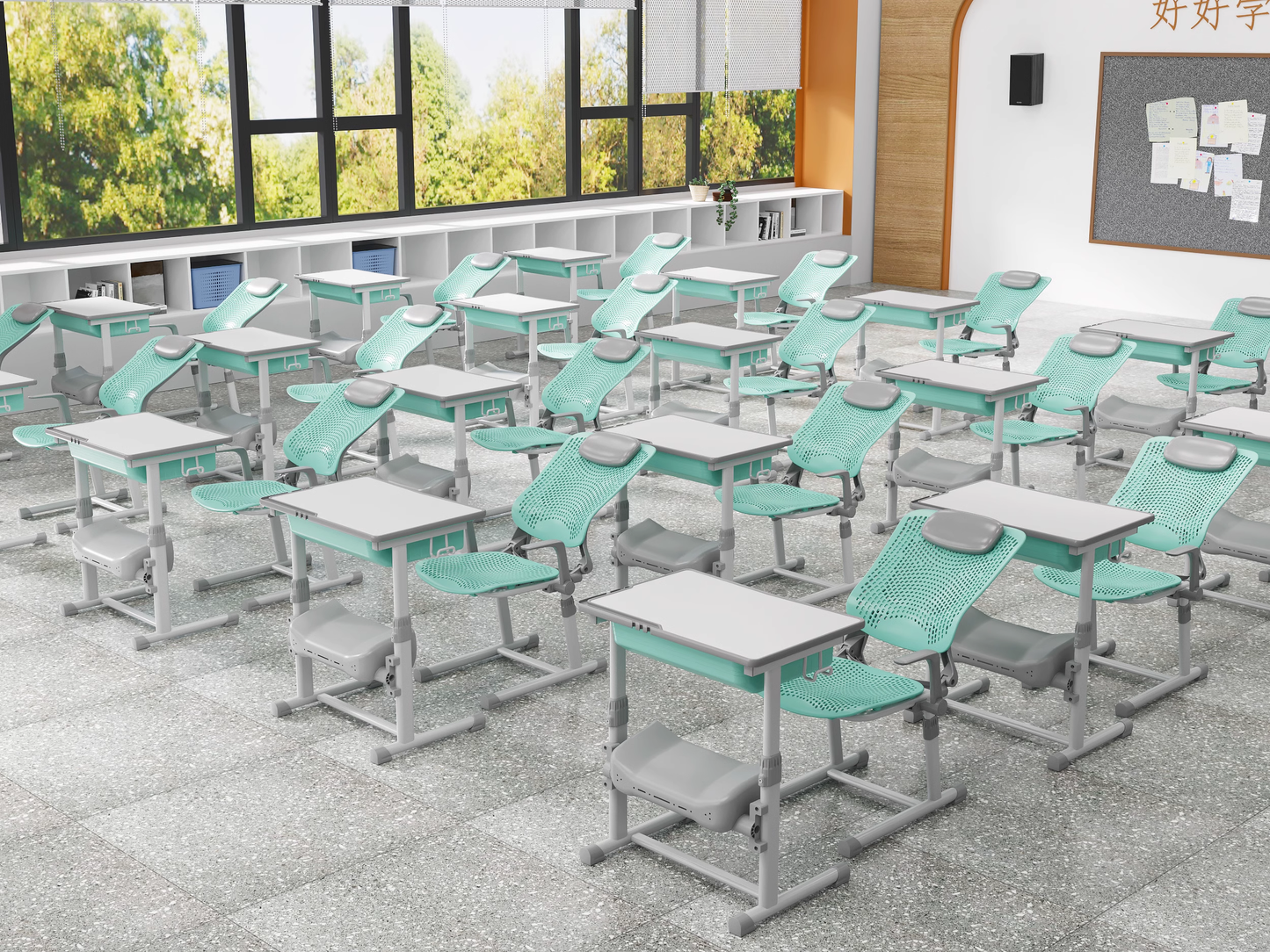 Lunch break desks and chairs student classroom